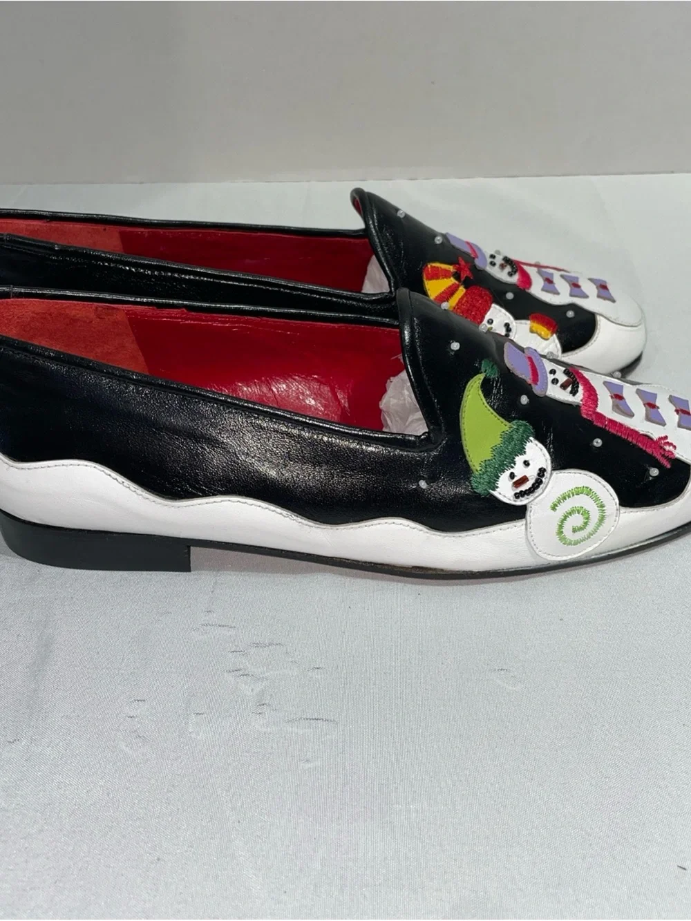 Michael Simon Black White Loafers with Colorful‎ Snowman Appliqués